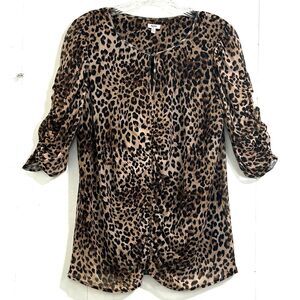 REBA BROWN LEOPARD RUCHED TOP SIZE L 1/2 SLEEVE LINED BLOUSE TOP SIZE LARGE